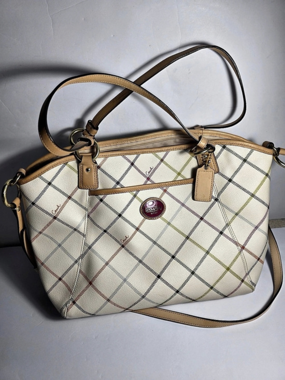 Coach Heritage Tattersall / Peyton Plaid Tote Bag Shoulder Bag White & Brown